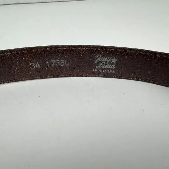 Tony Lama Mens 34" Western Brown Leather Belt Etched Metal Buckle Made in USA - Picture 3 of 8